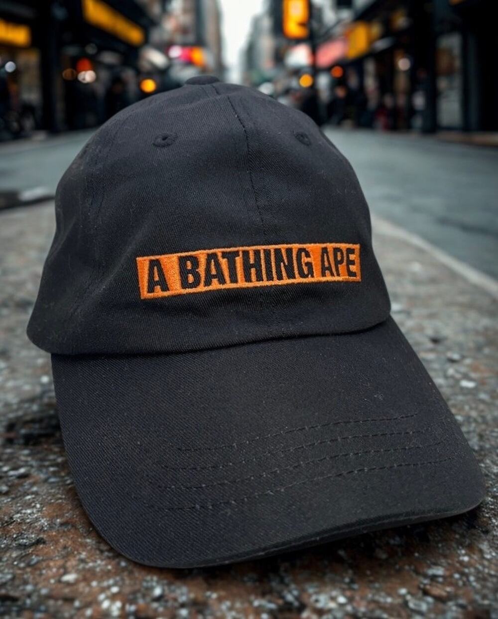 BAPE A Bathing Ape Logo Dad Hat Cap Black Orange Strapback Rare Streetwear